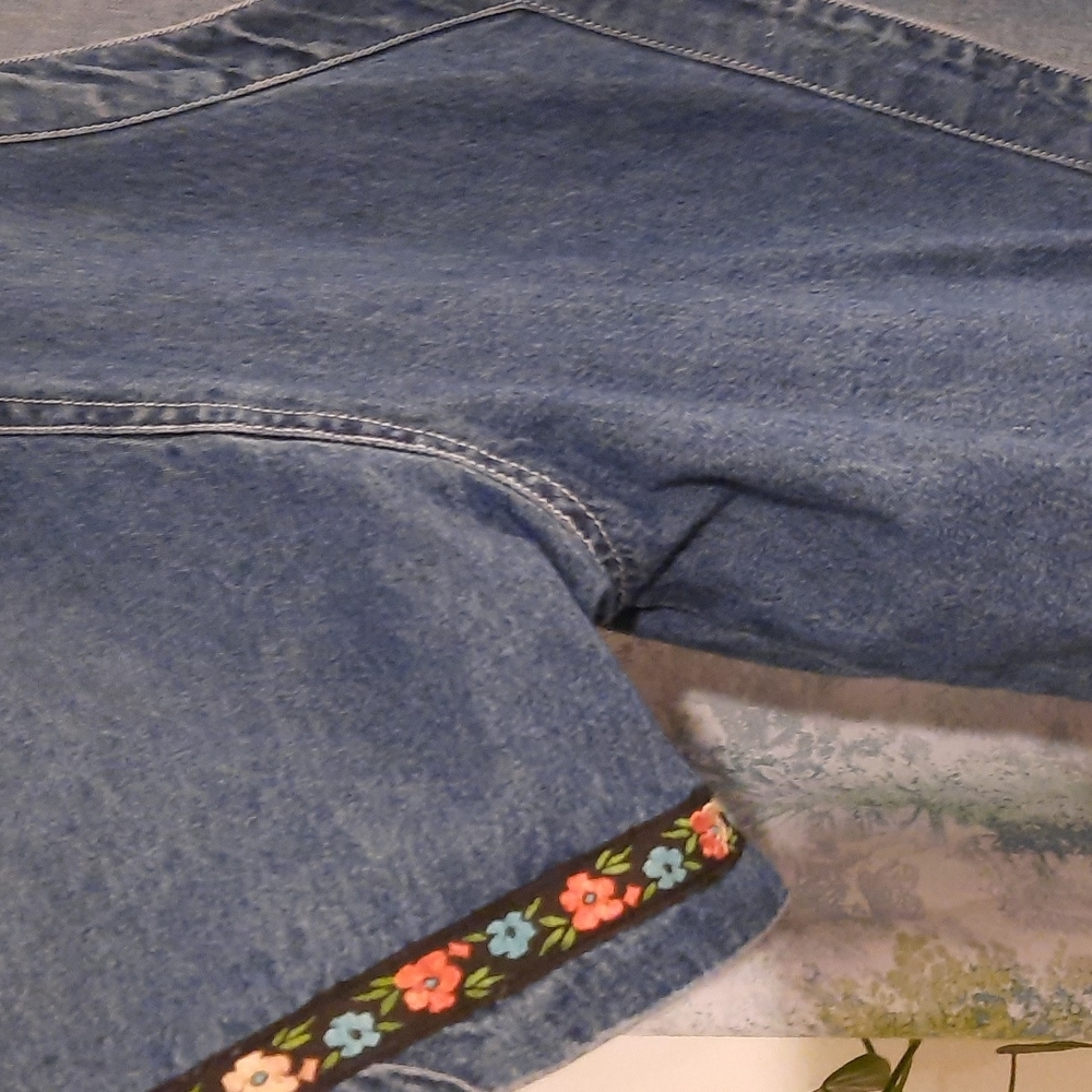 Agape denim button up boho shirt jacket short sleeve multi colored trim sz xl - Picture 3 of 7